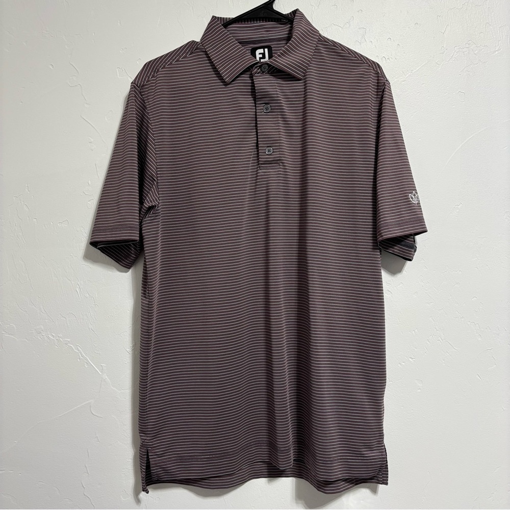 FootJoy FJ Men Golf Polo Short Sleeve Striped Size Medium Gray Red Embroidered